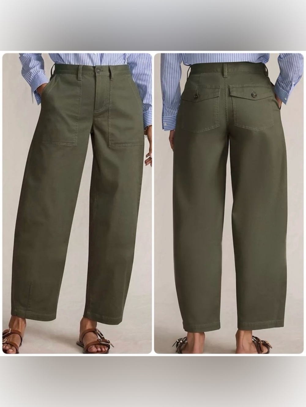 NWOT Lands’ End Chino Barrel Leg Utility Ankle Pants Women’s 8P Green Lagenlook
